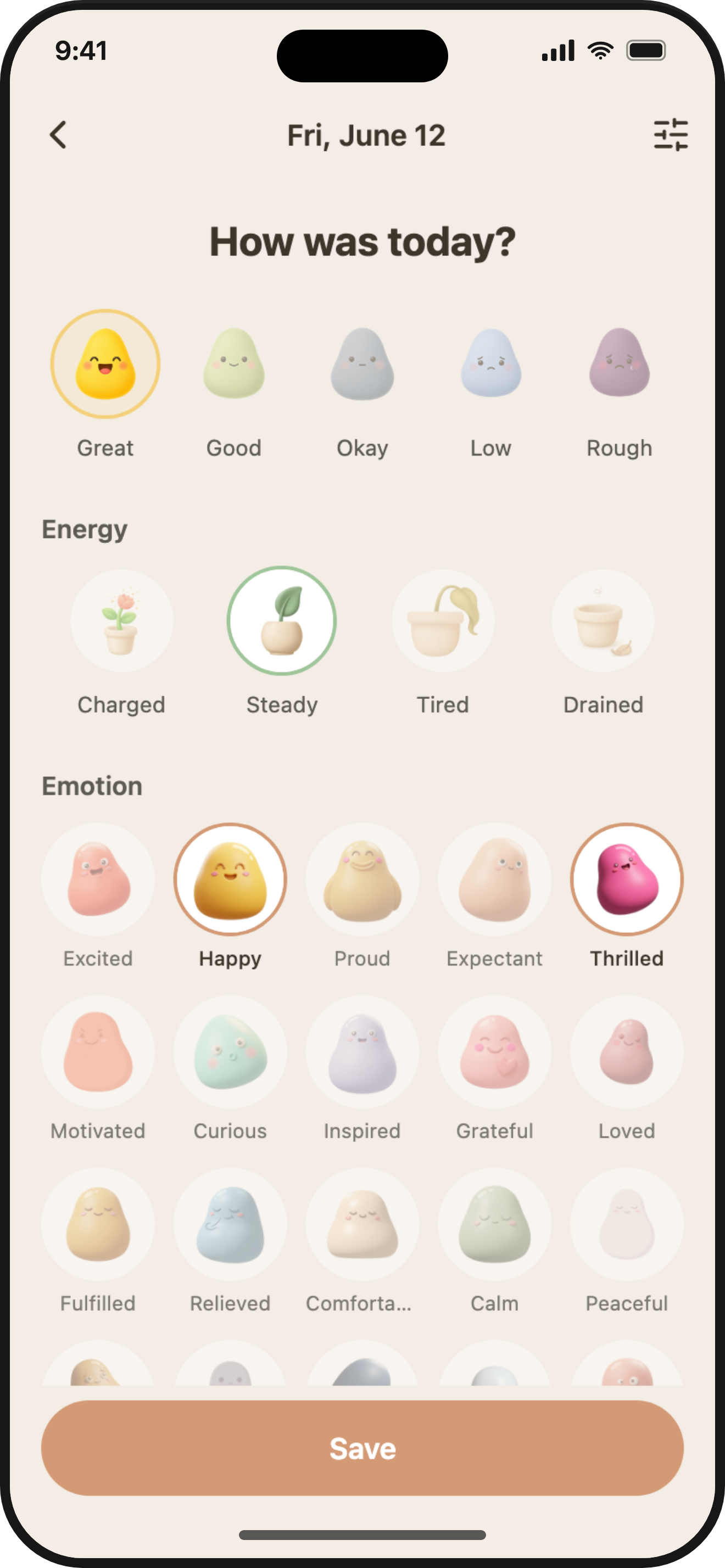 ViviDiary daily check-in — pick your mood and emotion tags