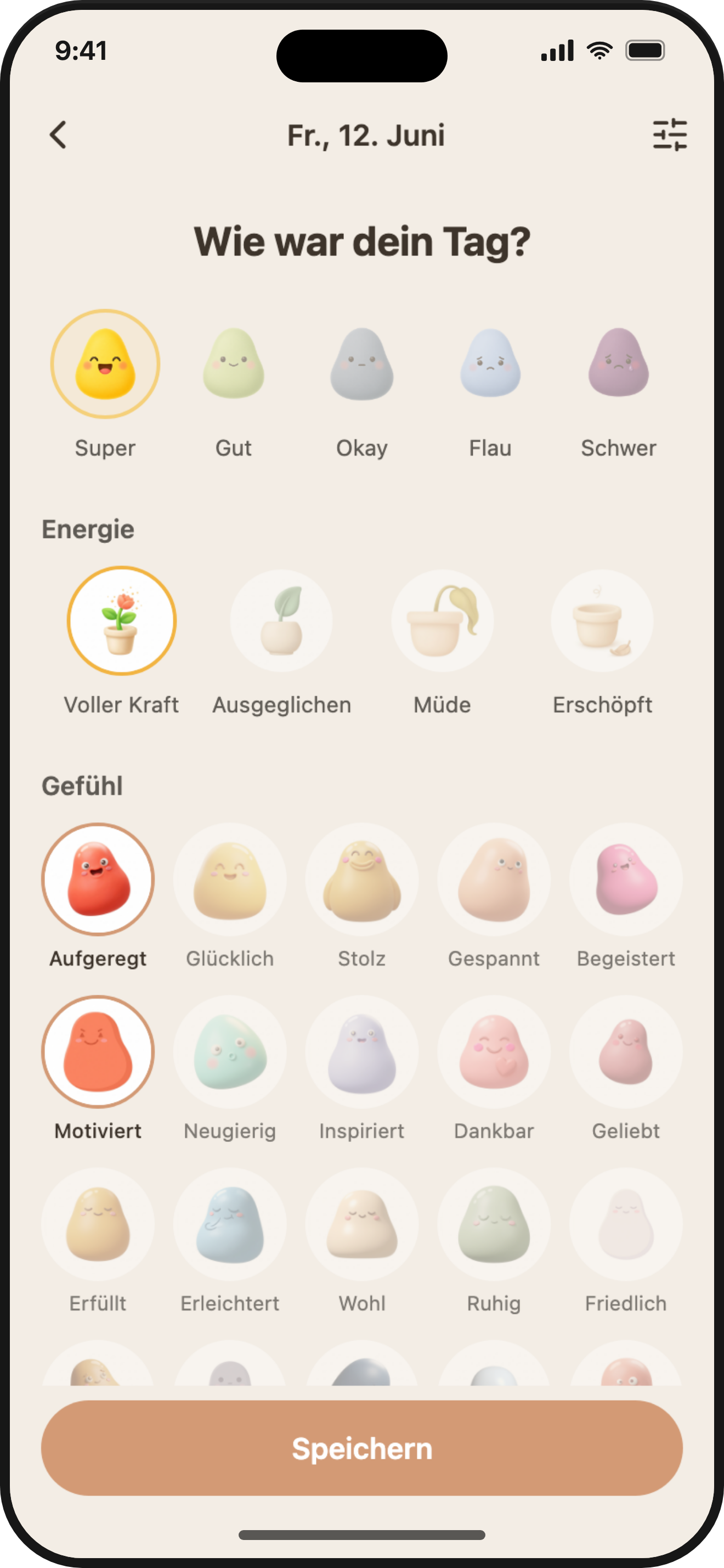ViviDiary daily check-in — pick your mood and emotion tags