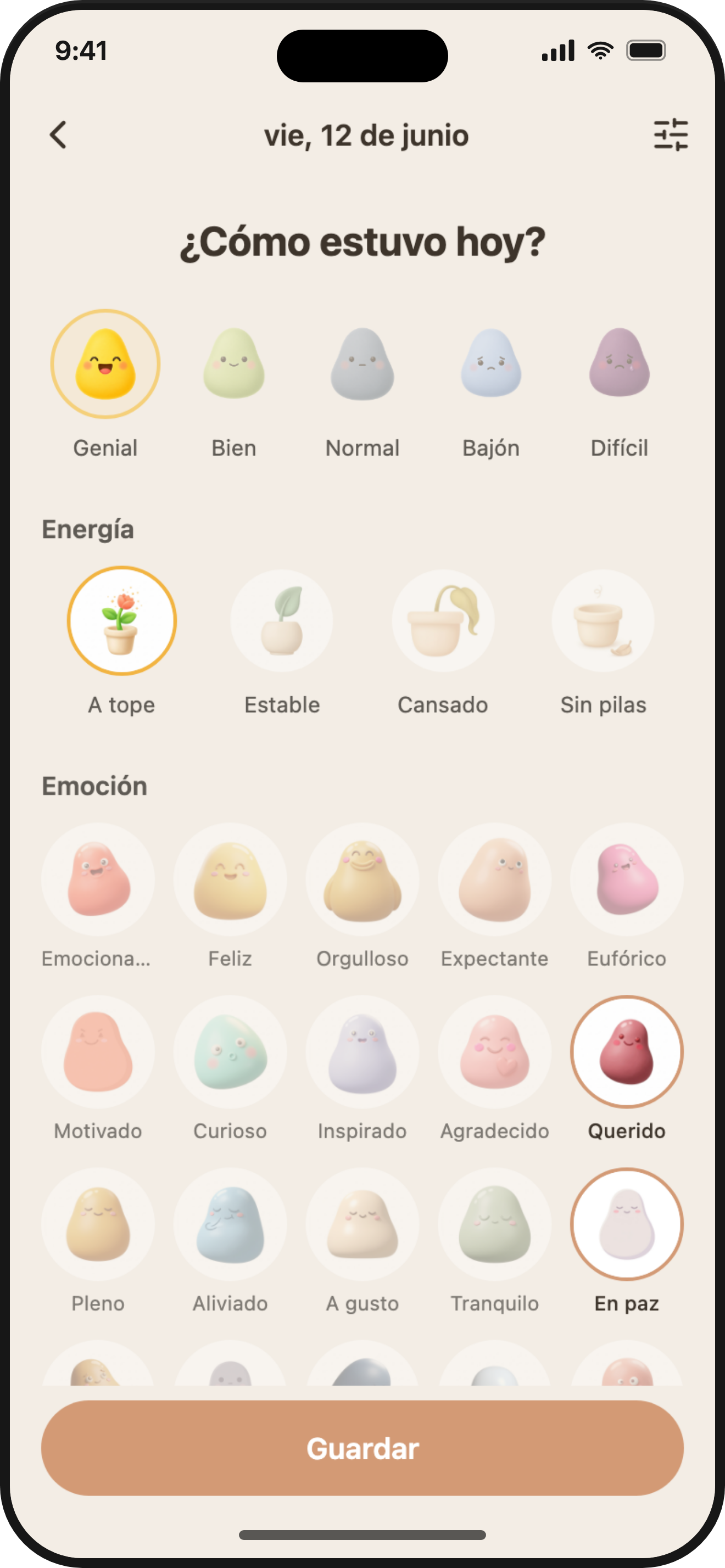 ViviDiary daily check-in — pick your mood and emotion tags