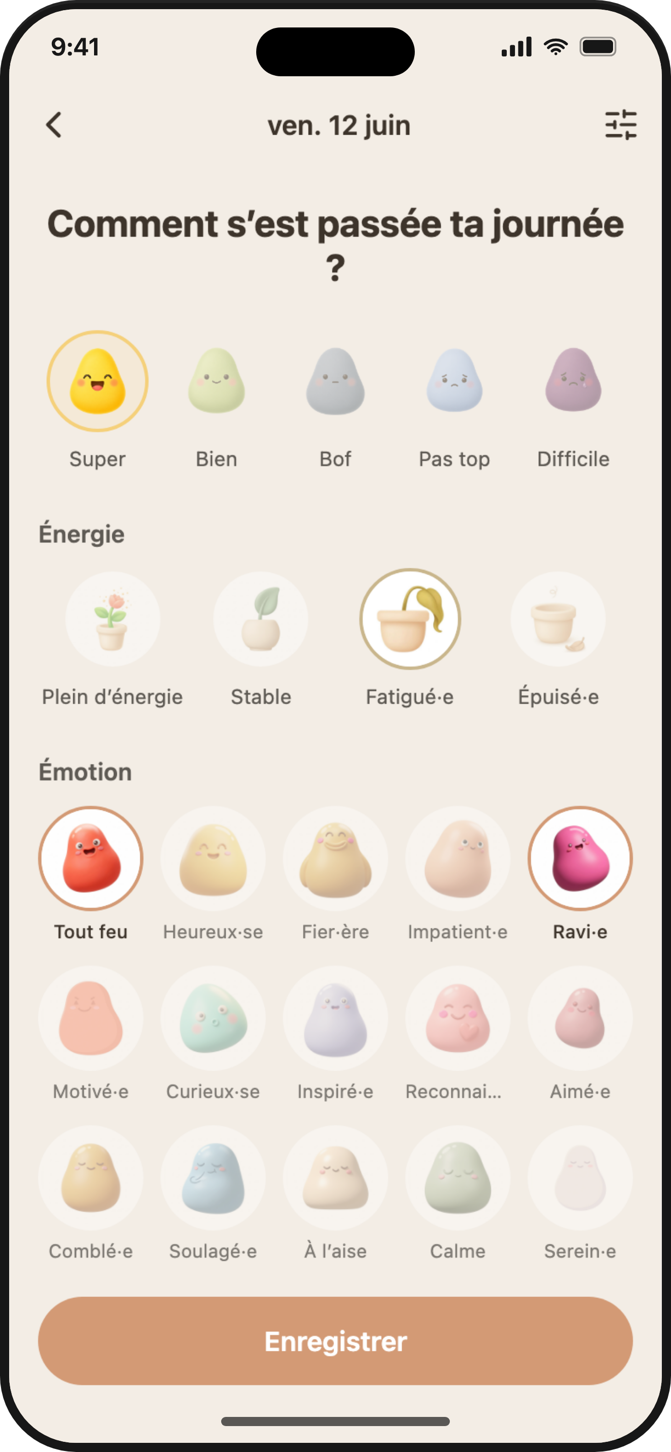 ViviDiary daily check-in — pick your mood and emotion tags