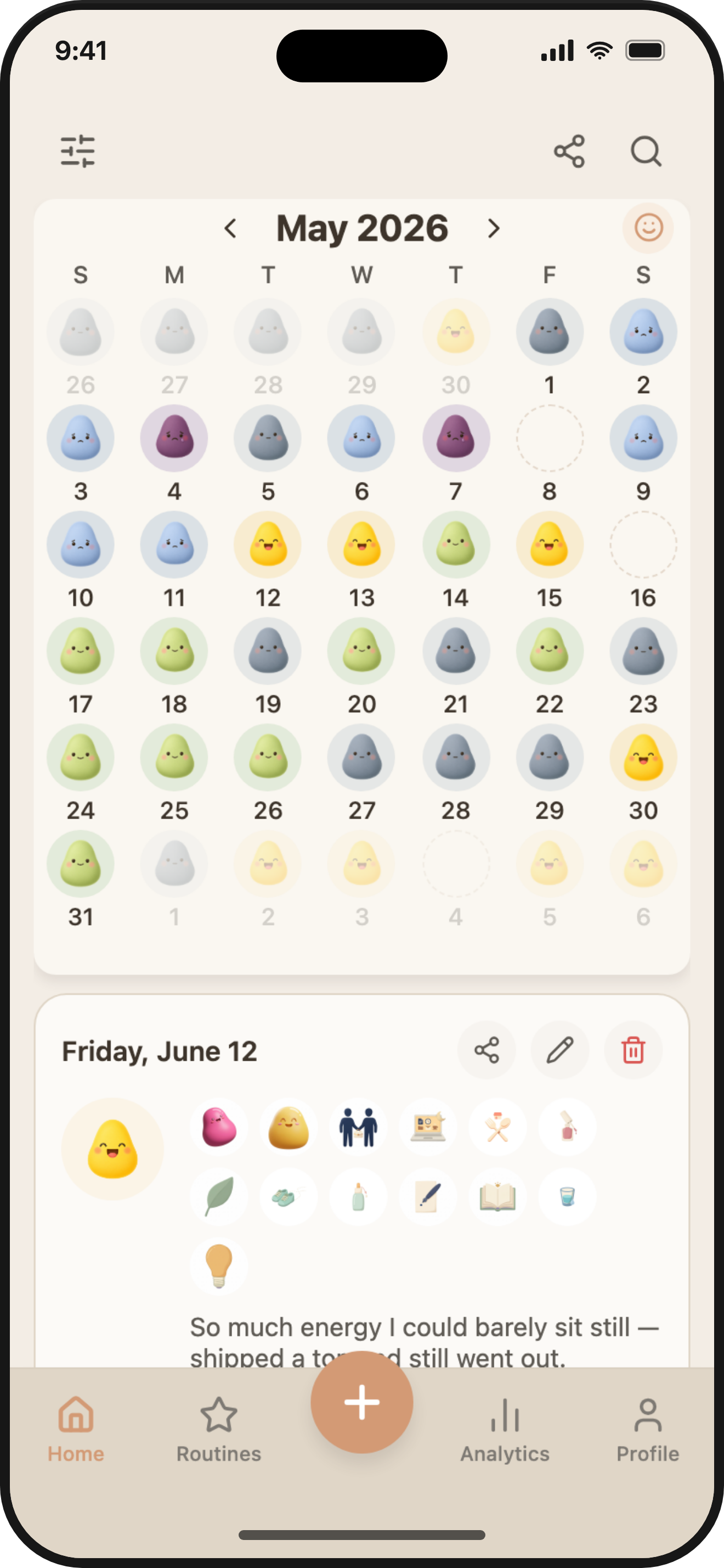 ViviDiary home screen — a month of daily moods on the calendar