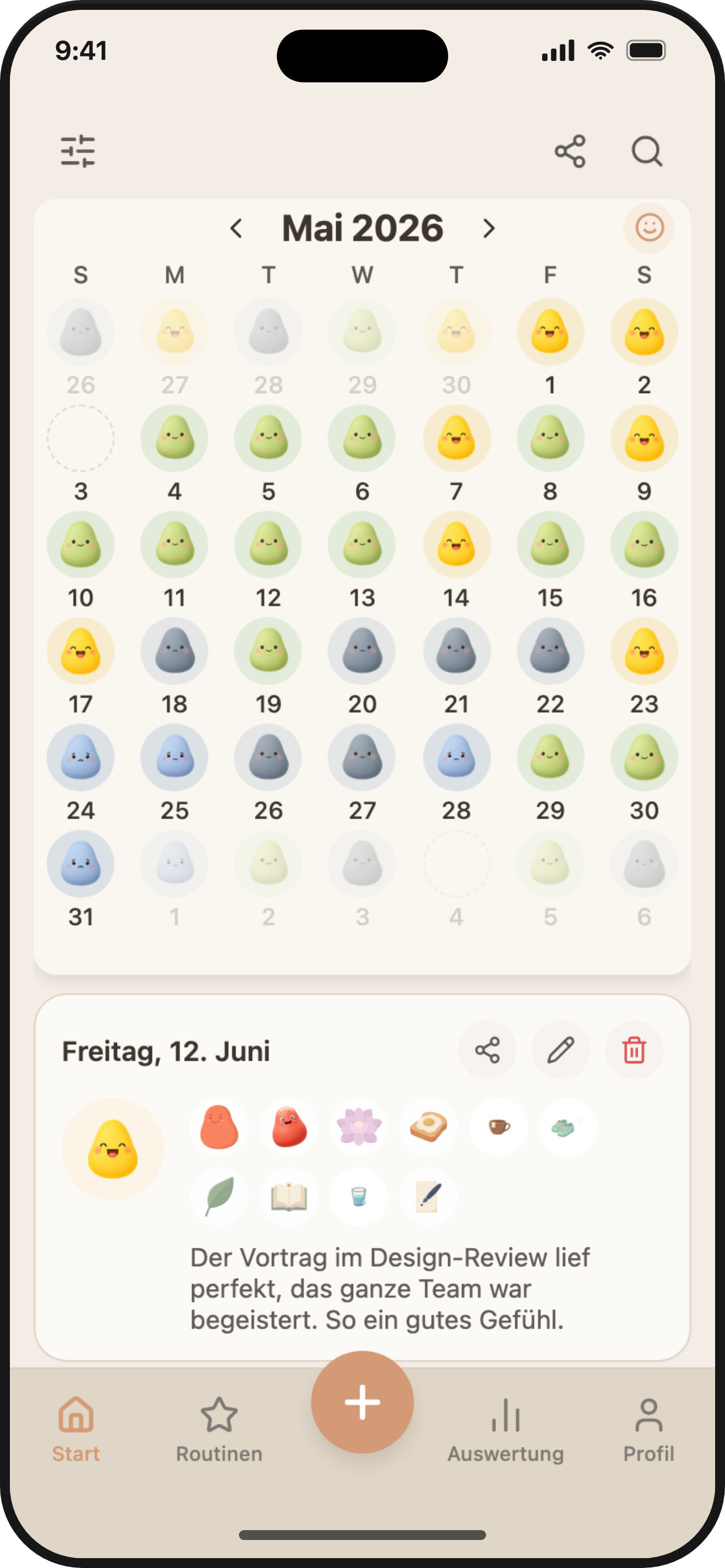 ViviDiary home screen — a month of daily moods on the calendar