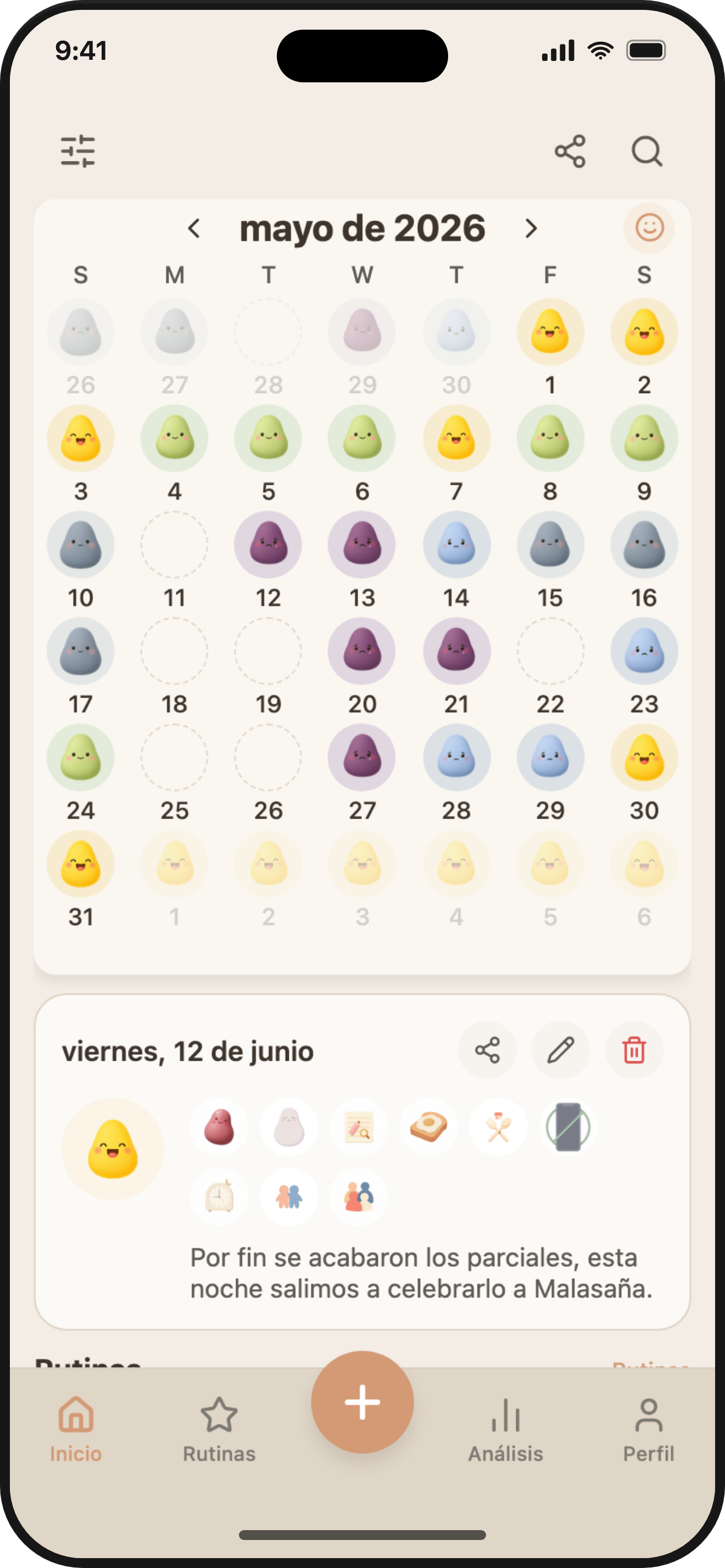 ViviDiary home screen — a month of daily moods on the calendar