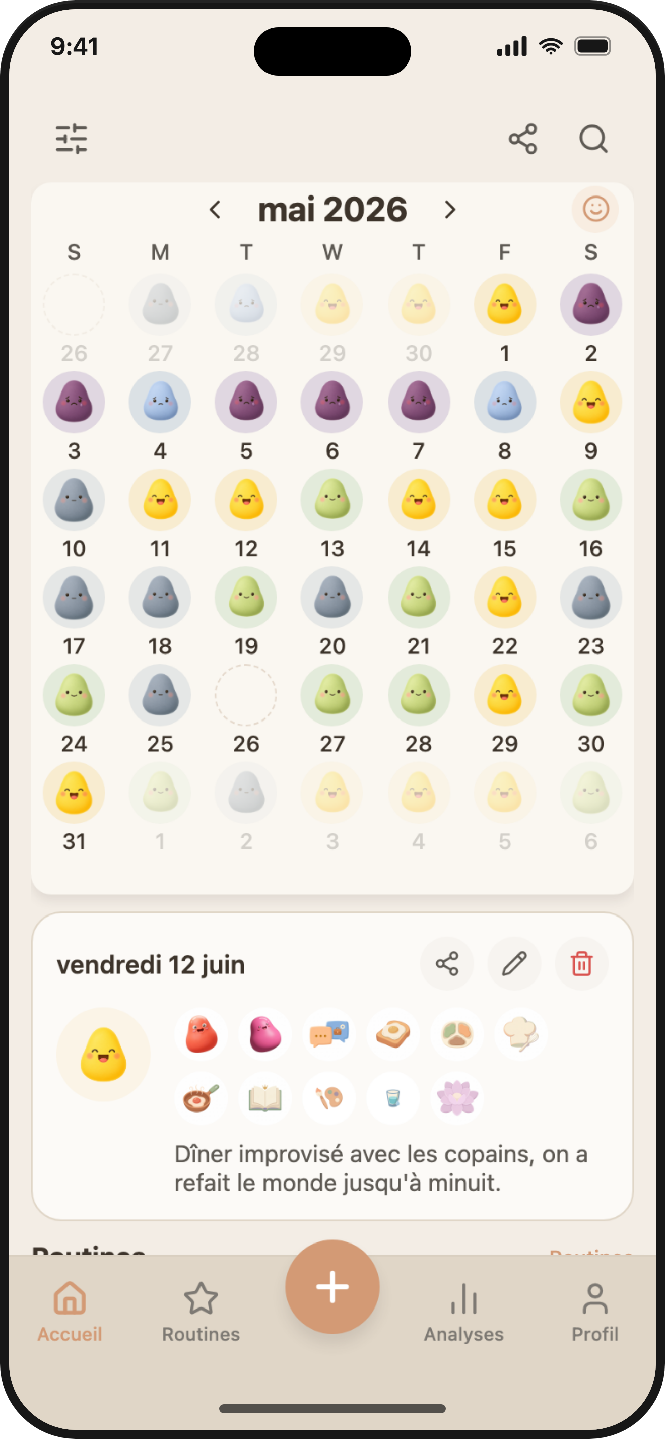 ViviDiary home screen — a month of daily moods on the calendar