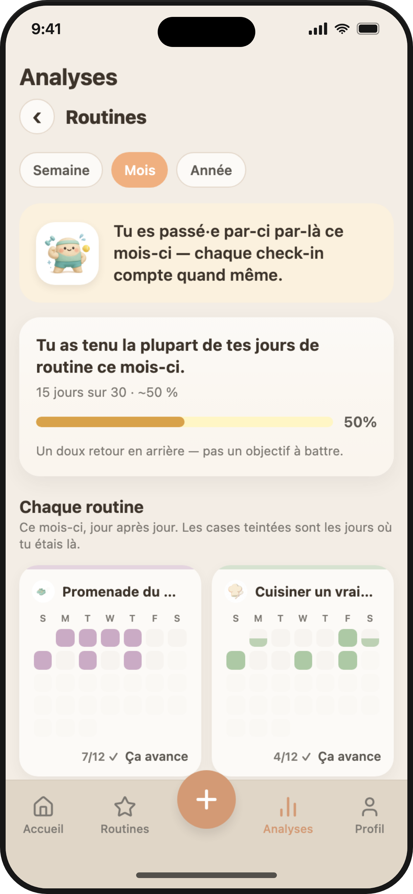 ViviDiary routine analytics — completion and streaks