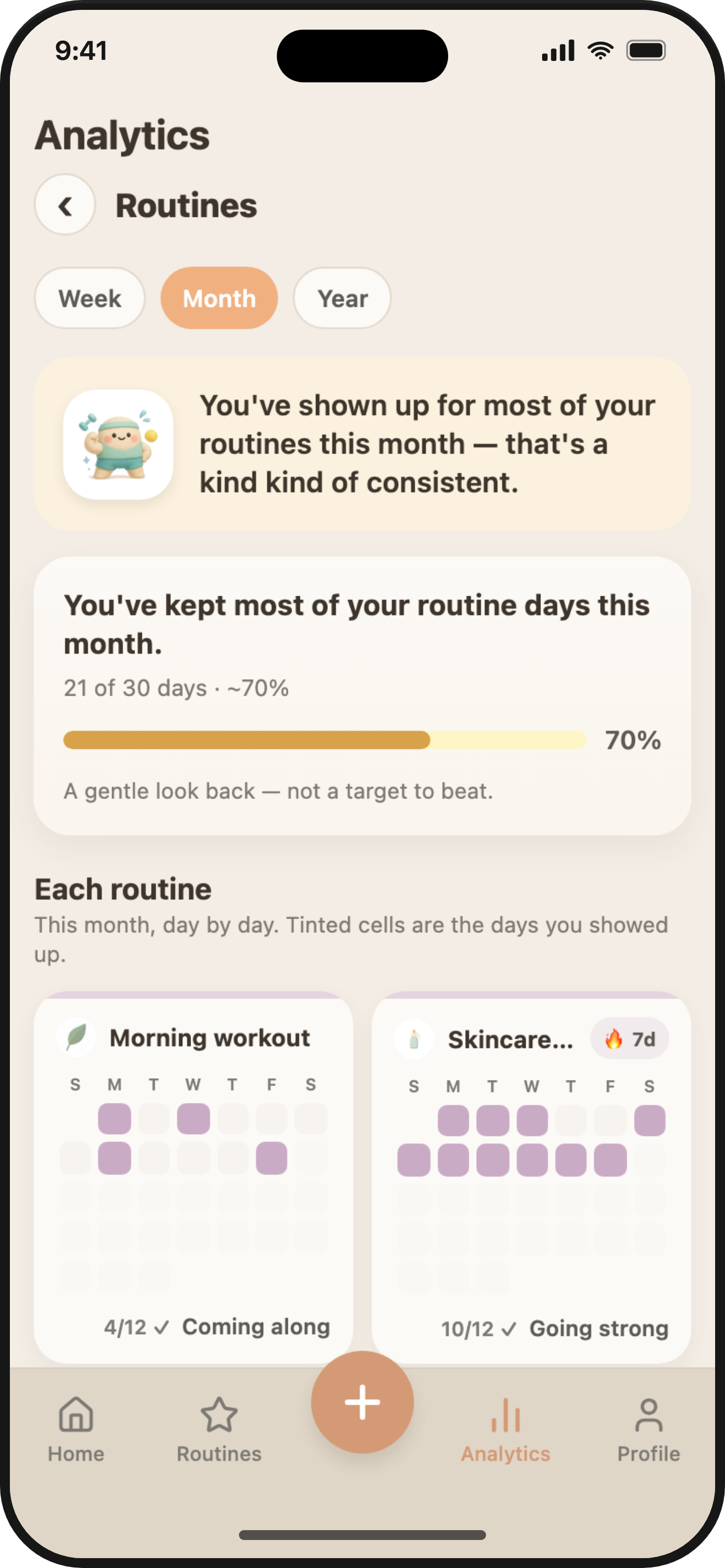 ViviDiary routine analytics — completion and streaks